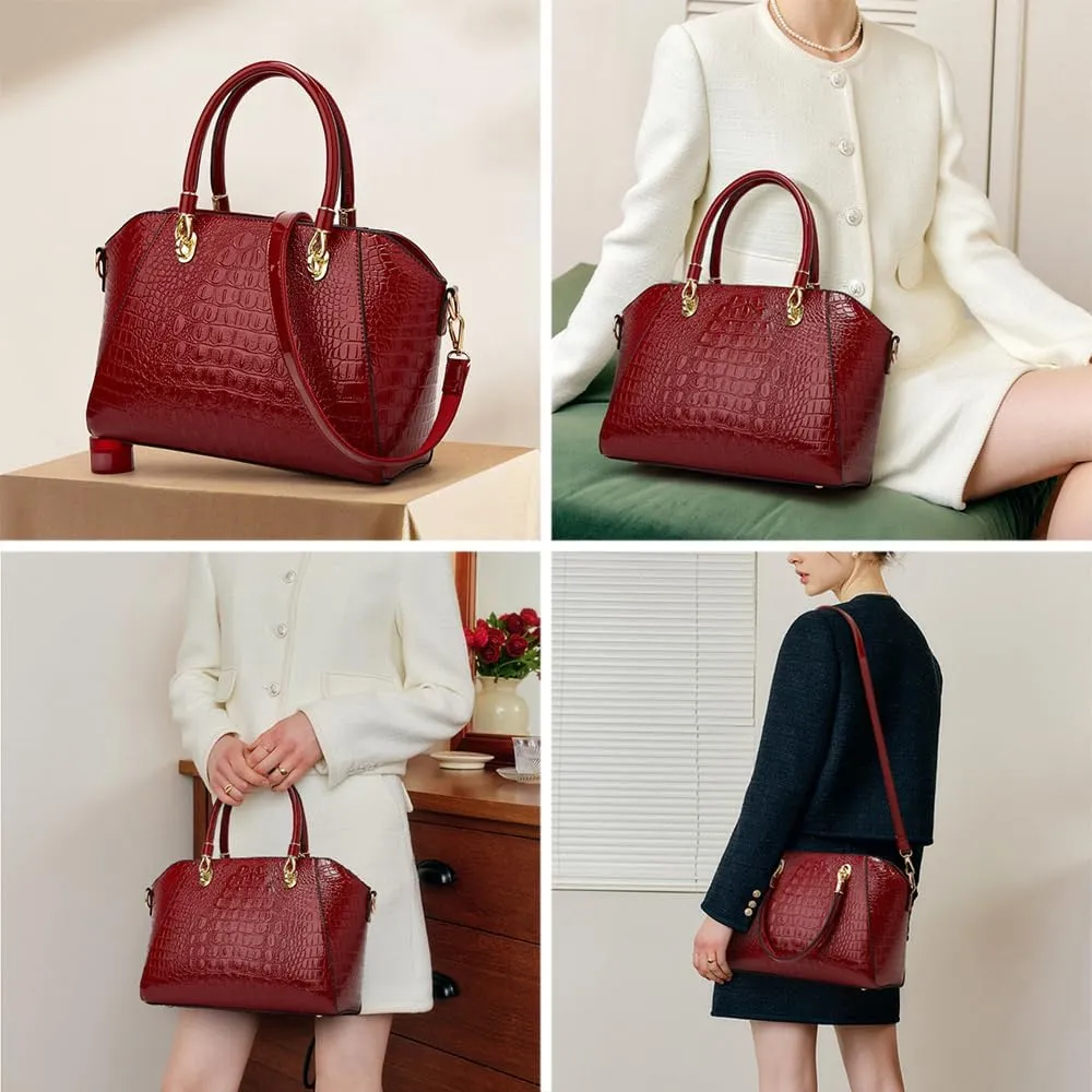 Women Crocodile Pattern Purse Tote Satchel Glossy Elegant Top Handle Handbag Shoulder Bag