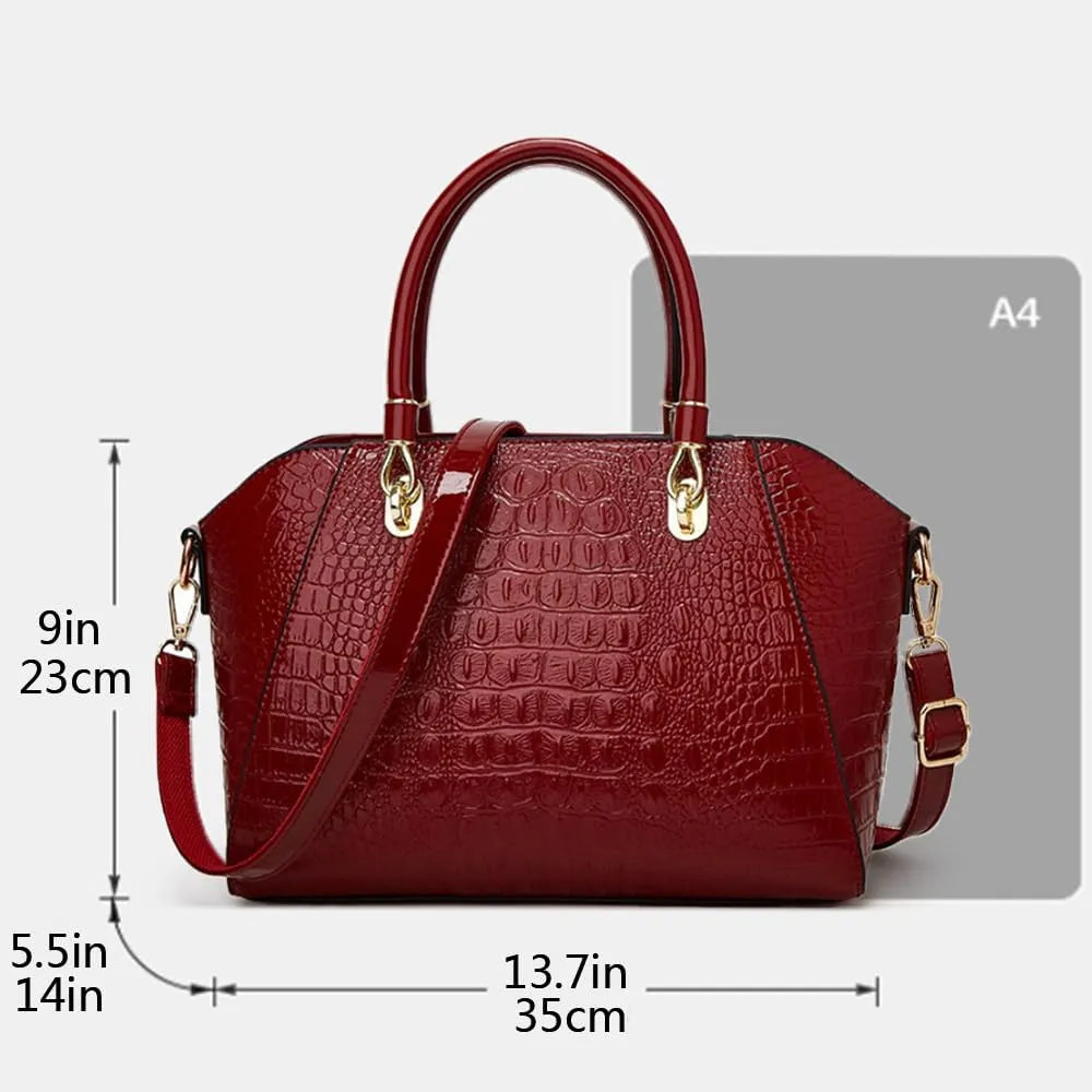 Women Crocodile Pattern Purse Tote Satchel Glossy Elegant Top Handle Handbag Shoulder Bag