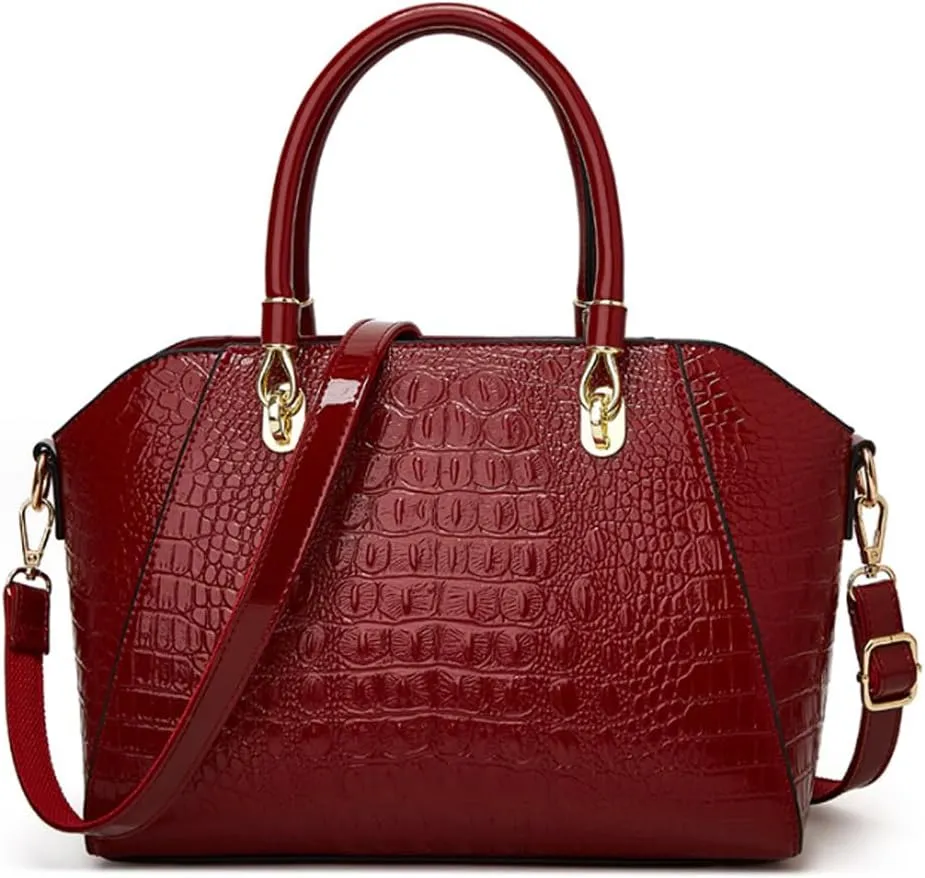 Women Crocodile Pattern Purse Tote Satchel Glossy Elegant Top Handle Handbag Shoulder Bag
