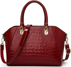 Women Crocodile Pattern Purse Tote Satchel Glossy Elegant Top Handle Handbag Shoulder Bag