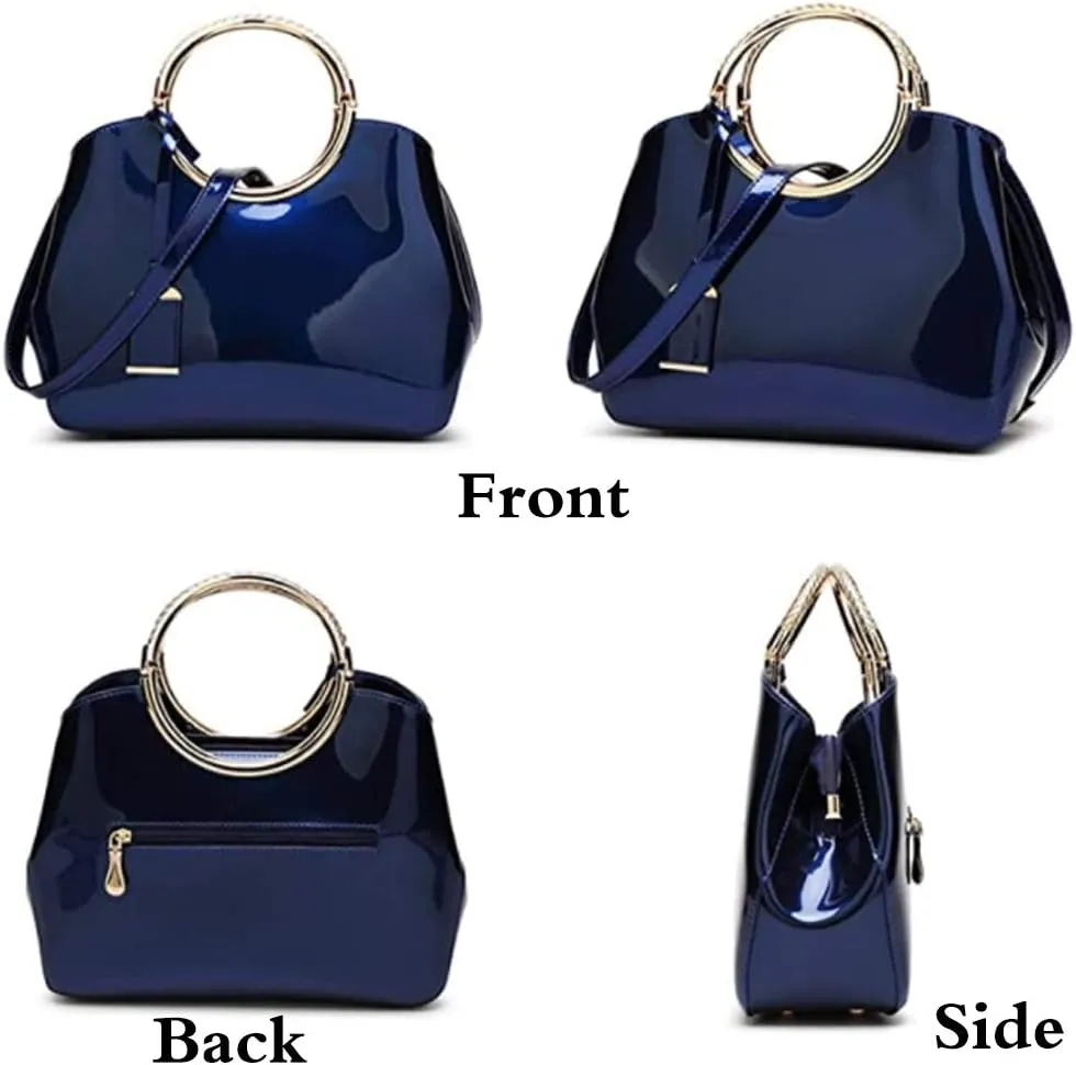 Women Elegant Handbag and Purse Top Handle Bag Patent Leather Tote Satchel Shoulder Clutch Crossbody Bag with Pendant Pink