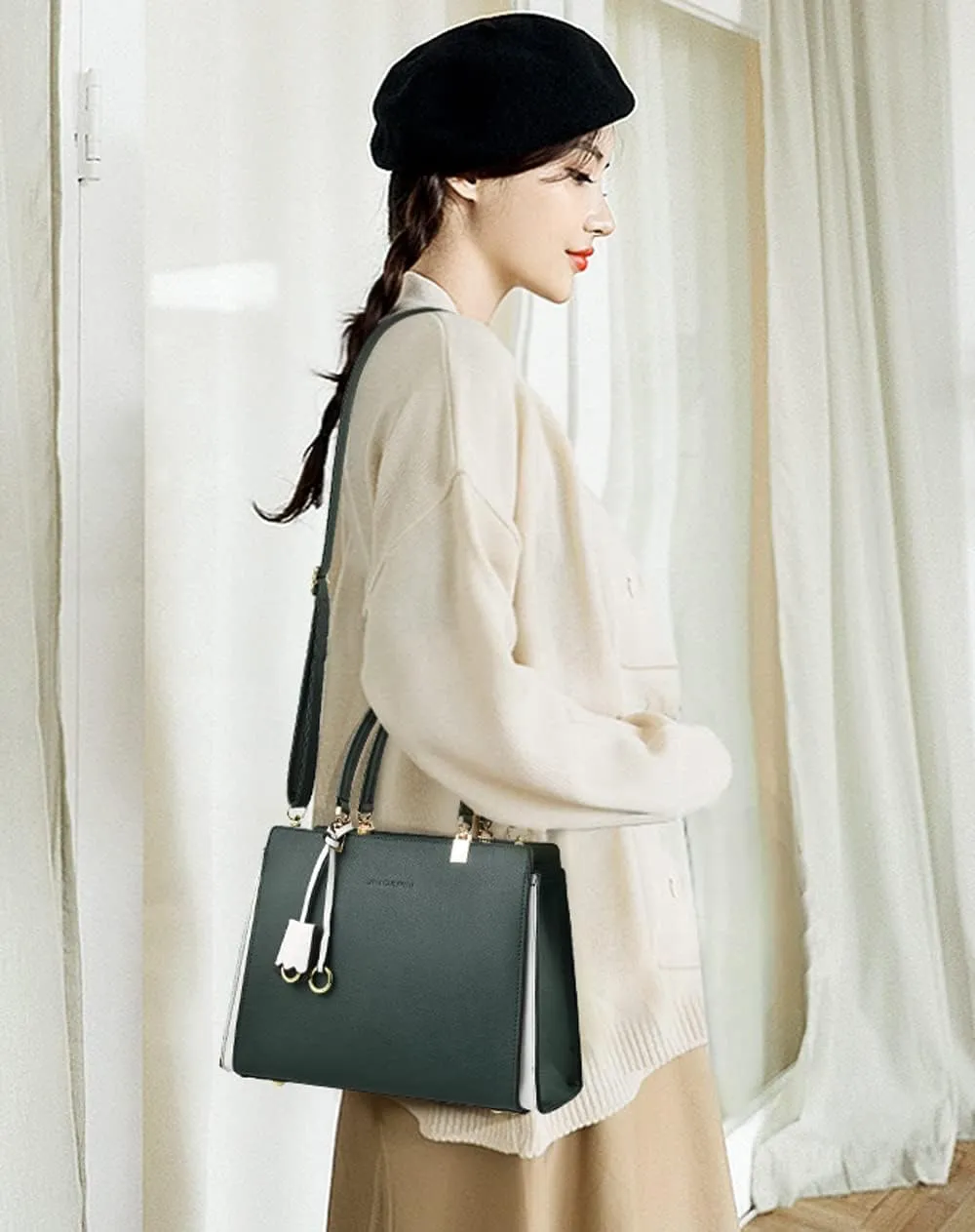 Women Elegant Handbag Classic Top-handle Purses PU Leather Tote Shoulder Bag Work Shopper Satchel with Pendant