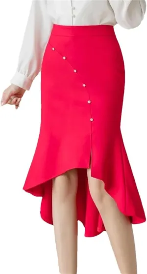 Women Fashion High Wiast Long Skirt Beading Korean Style Elegant Office Black Skirts