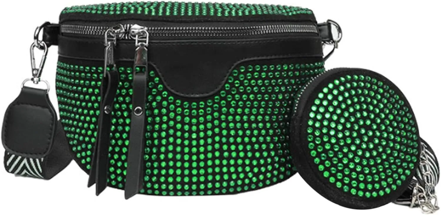 Women Girls Glitter Rhinestone Faux Leather Fanny Pack Waist Bag Chest Bag Crossbody Shoulder Bag