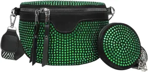 Women Girls Glitter Rhinestone Faux Leather Fanny Pack Waist Bag Chest Bag Crossbody Shoulder Bag