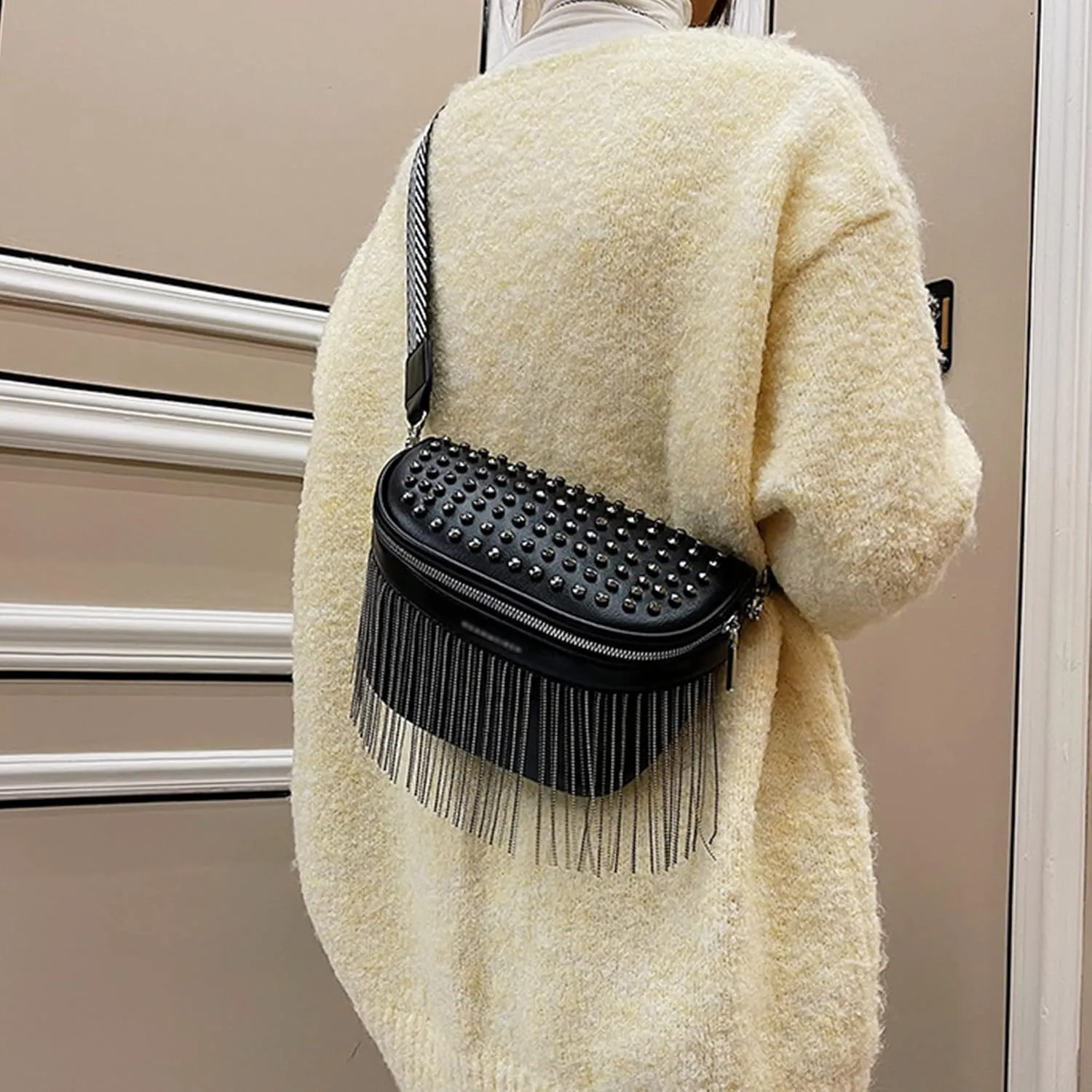 Women Girls Rivet Metal Tassel Faux Leather Fanny Pack Waist Bag Chest Bag Crossbody Shoulder Bag