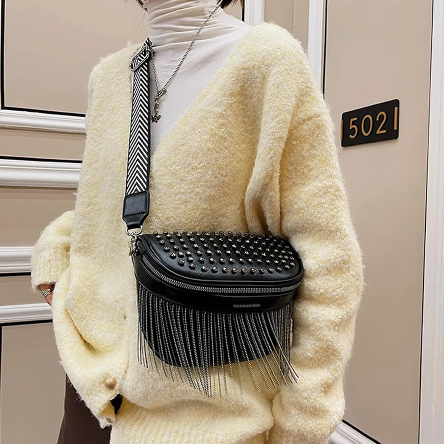 Women Girls Rivet Metal Tassel Faux Leather Fanny Pack Waist Bag Chest Bag Crossbody Shoulder Bag