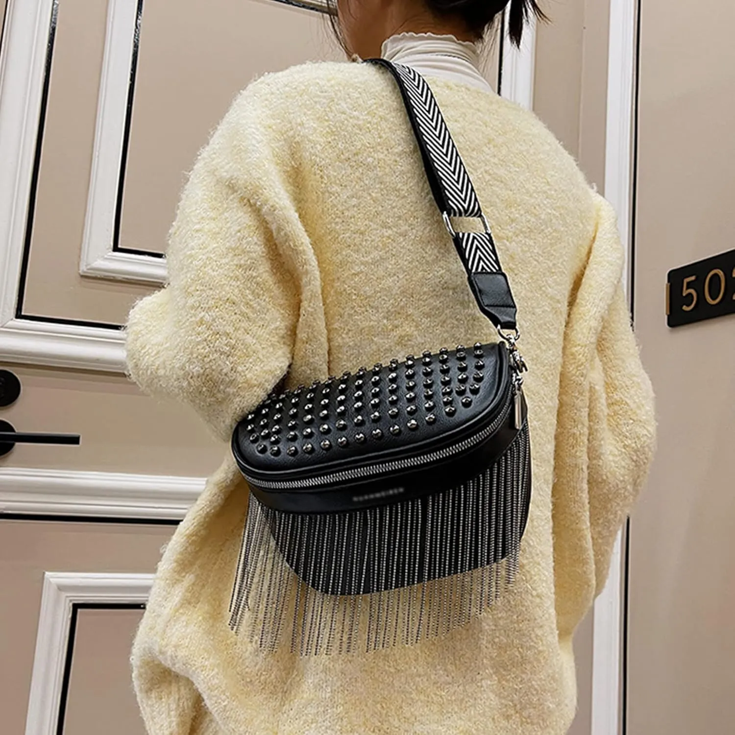 Women Girls Rivet Metal Tassel Faux Leather Fanny Pack Waist Bag Chest Bag Crossbody Shoulder Bag