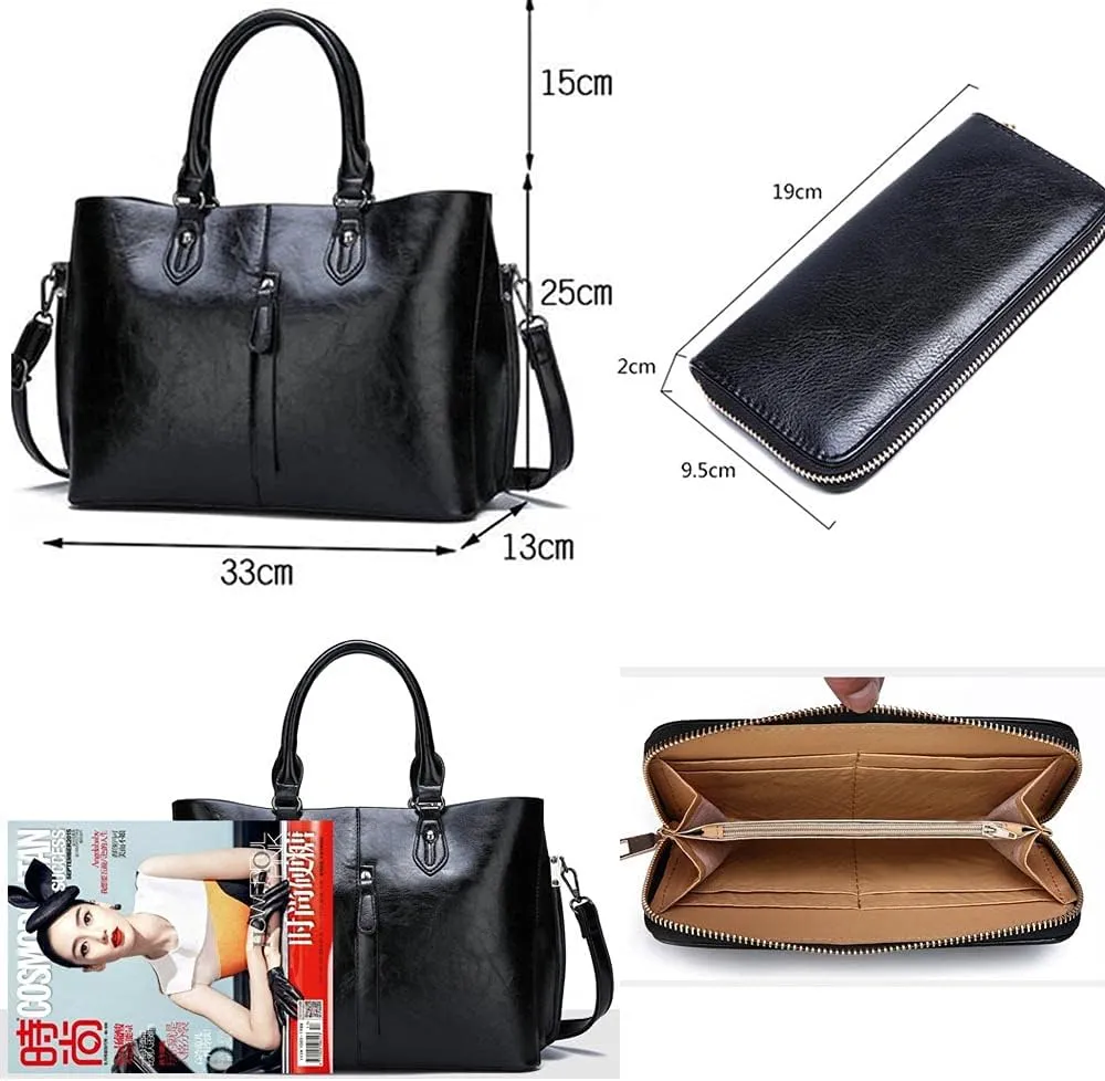Women Handbags Top Handle Satchel Shoulder Bags Messenger Tote Bag Purses for Ladies 2 Pcs Set-Black
