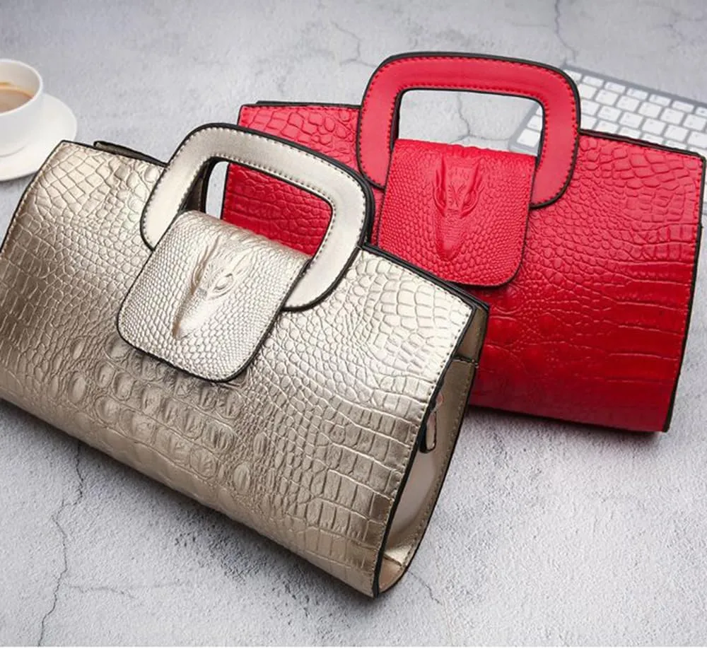 Women Leather Handbag Crocodile Pattern Satchel Elegant Tote Purse Fashion Ladies Evening Bag Classic Wallets (Brown)