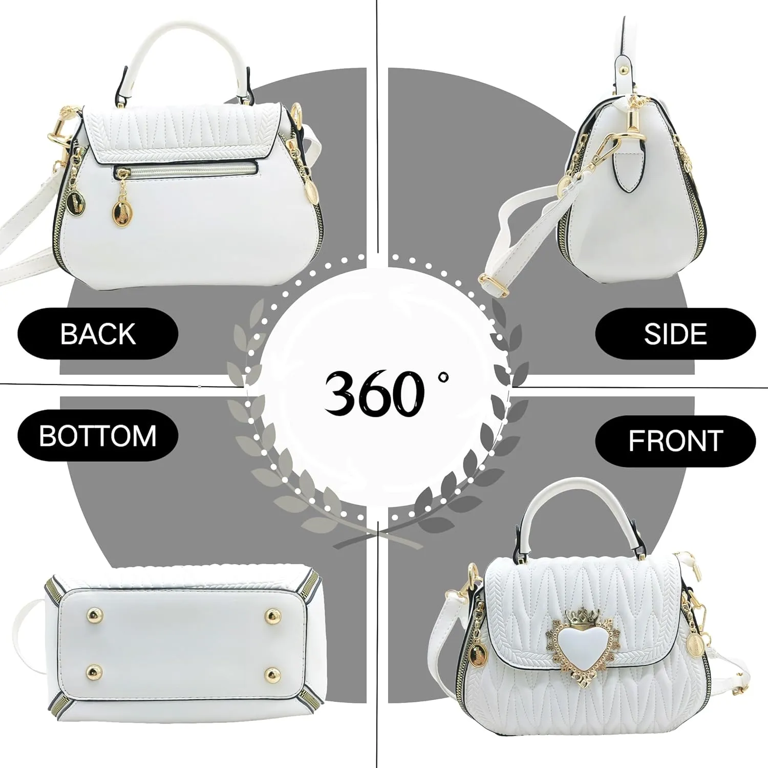 Women Leather Quilted Handbag Top Handle Satchel Bag with Heart Crown Decoration