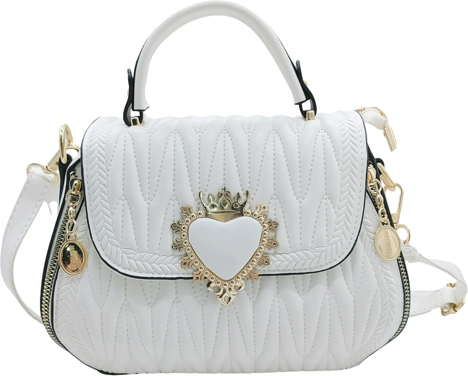 Women Leather Quilted Handbag Top Handle Satchel Bag with Heart Crown Decoration