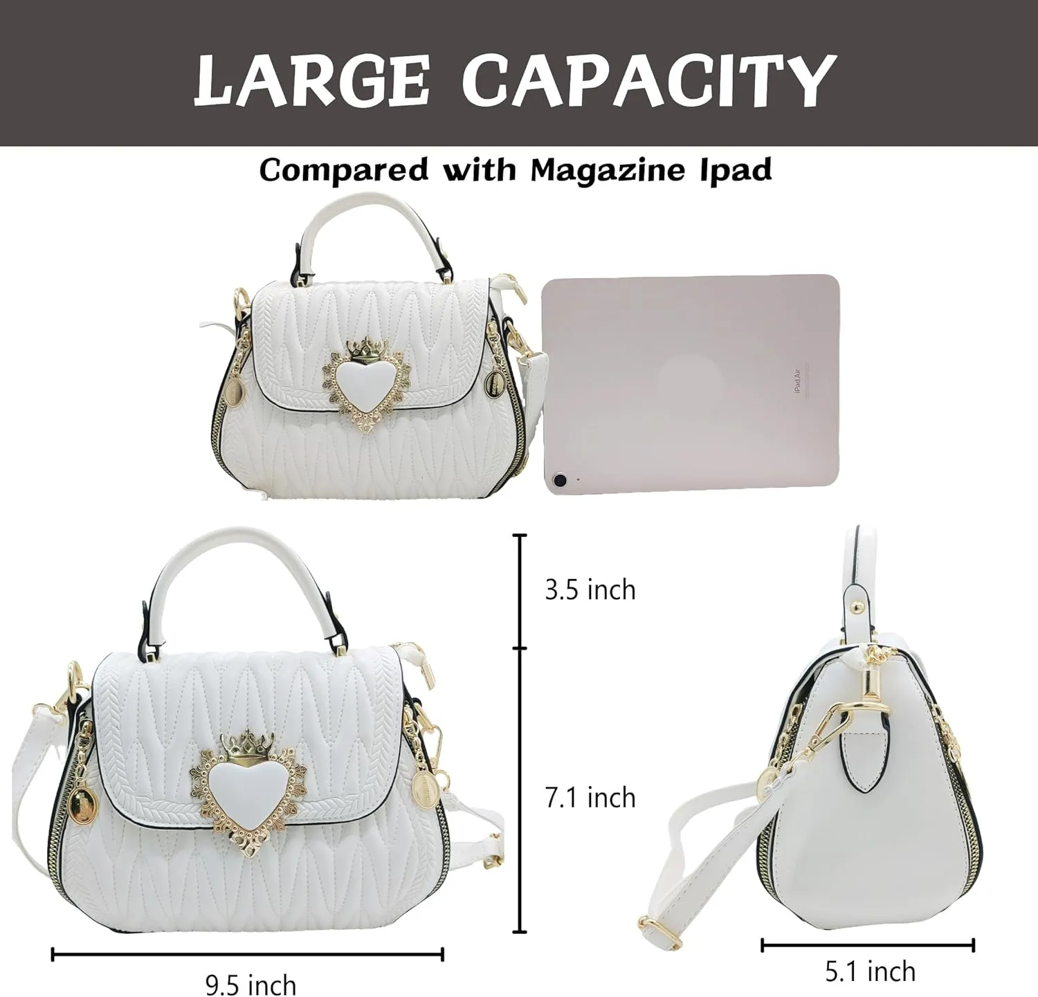 Women Leather Quilted Handbag Top Handle Satchel Bag with Heart Crown Decoration