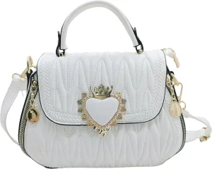 Women Leather Quilted Handbag Top Handle Satchel Bag with Heart Crown Decoration