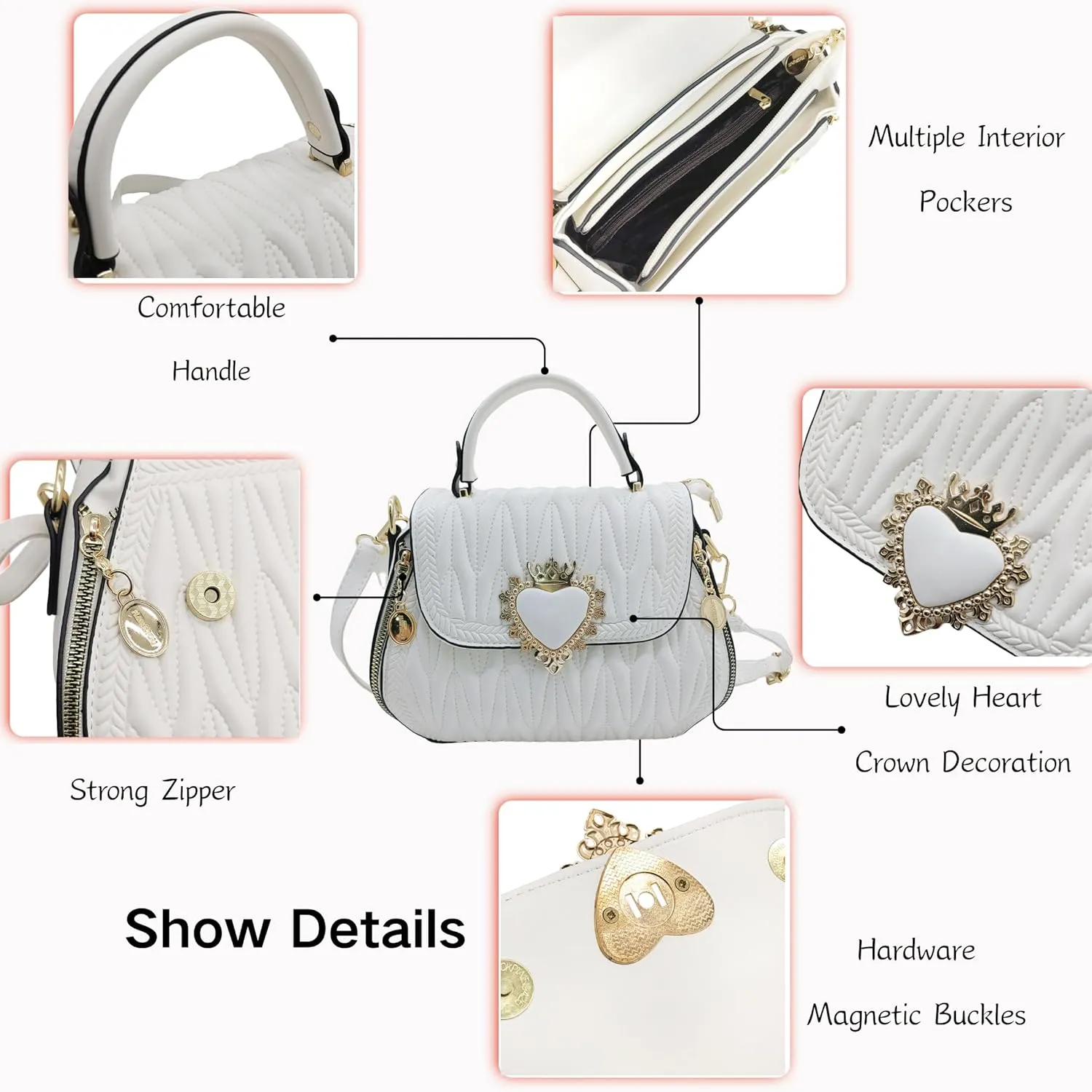 Women Leather Quilted Handbag Top Handle Satchel Bag with Heart Crown Decoration