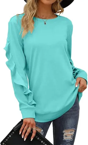 Women Ruffle Long Sleeve Tops Solid Color Casual Sweatshirts Puff Sleeve Blouse Top