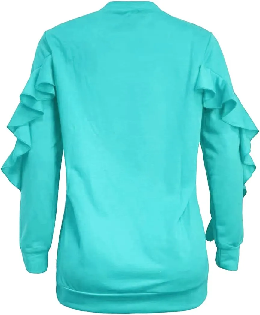 Women Ruffle Long Sleeve Tops Solid Color Casual Sweatshirts Puff Sleeve Blouse Top