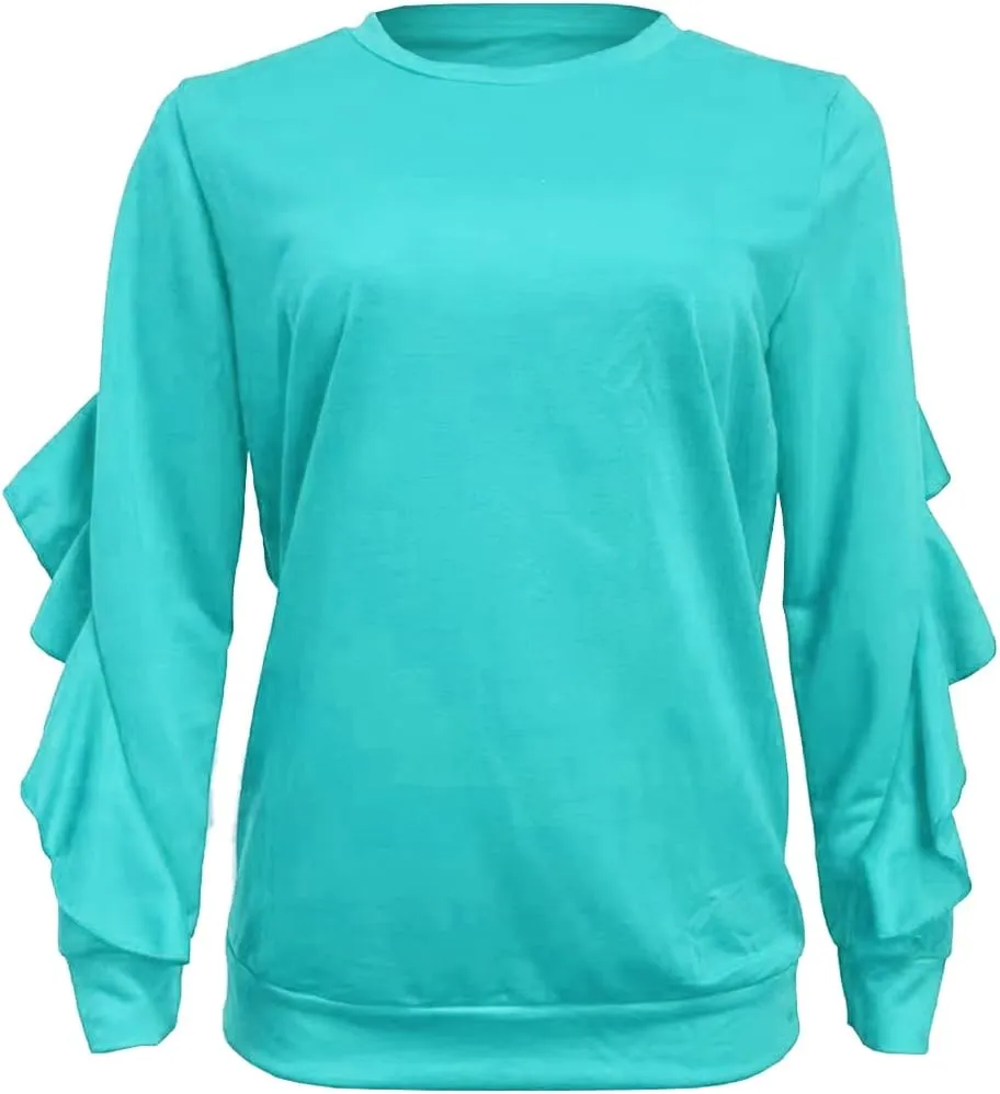 Women Ruffle Long Sleeve Tops Solid Color Casual Sweatshirts Puff Sleeve Blouse Top