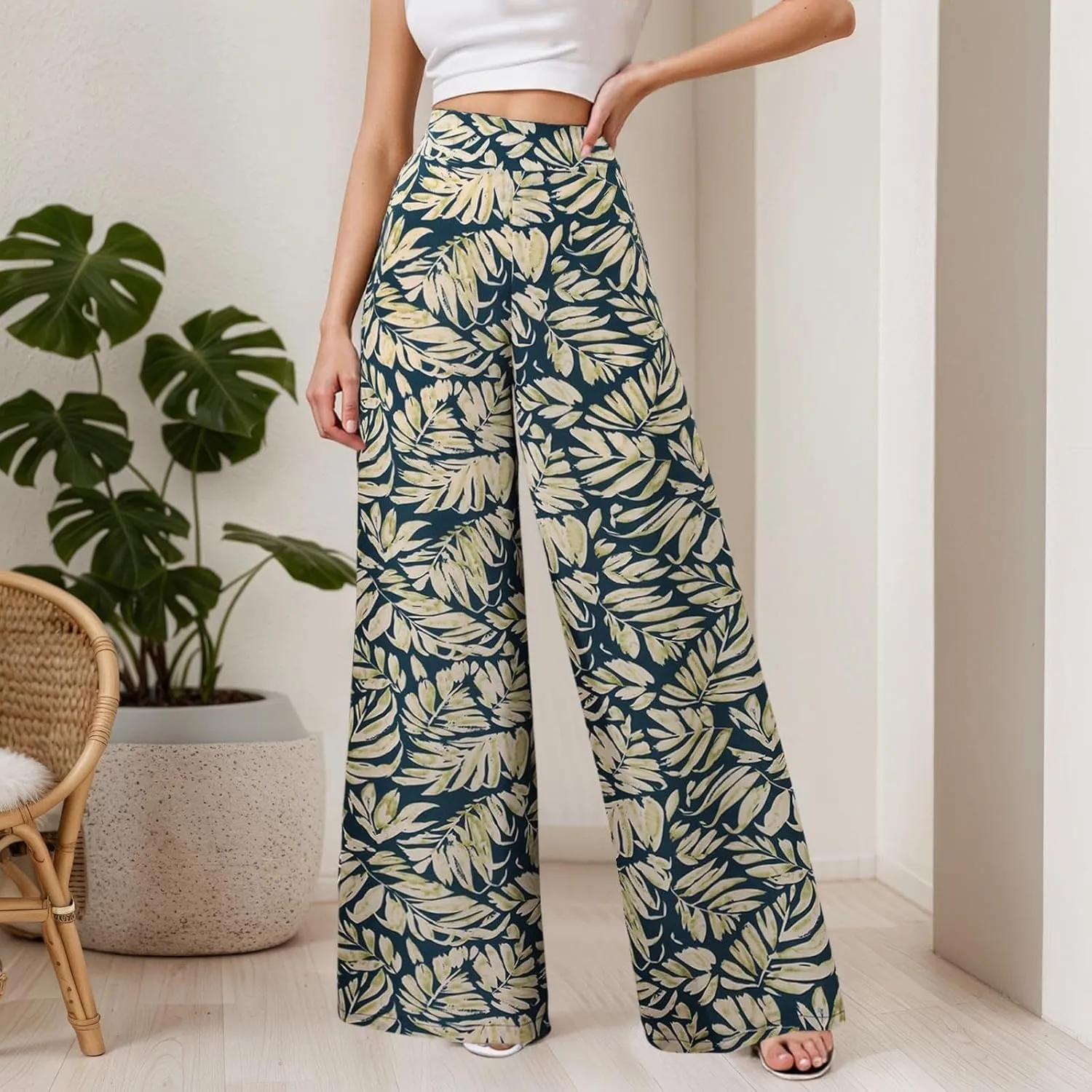 Women Summer Boho Palazzo Pants High Waist Wide Leg Floral Casual Cotton Lounge Trousers with Pockets