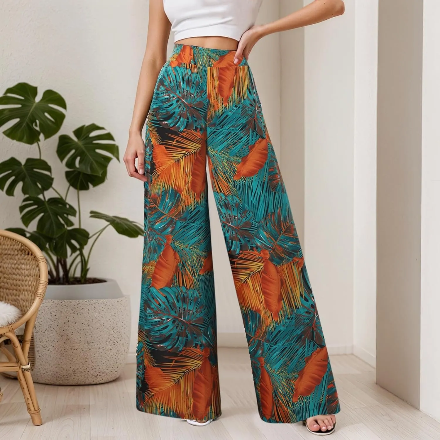 Women Summer Boho Palazzo Pants High Waist Wide Leg Floral Casual Cotton Lounge Trousers with Pockets