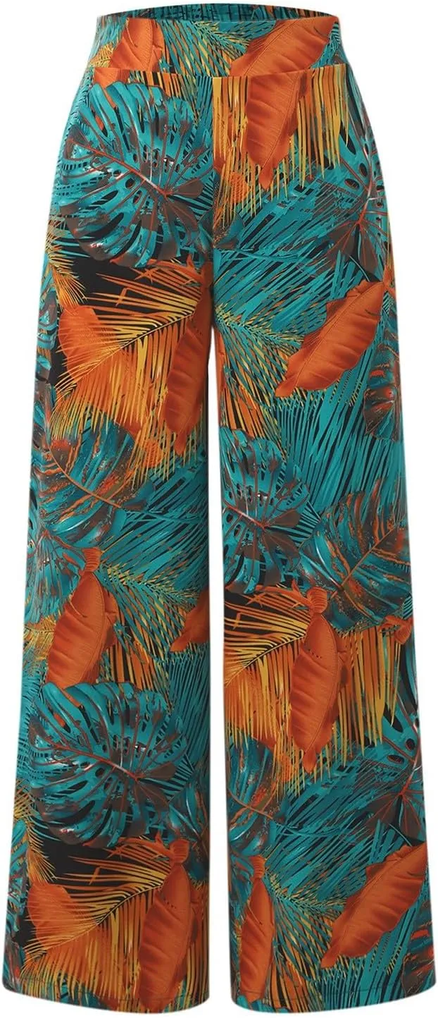 Women Summer Boho Palazzo Pants High Waist Wide Leg Floral Casual Cotton Lounge Trousers with Pockets
