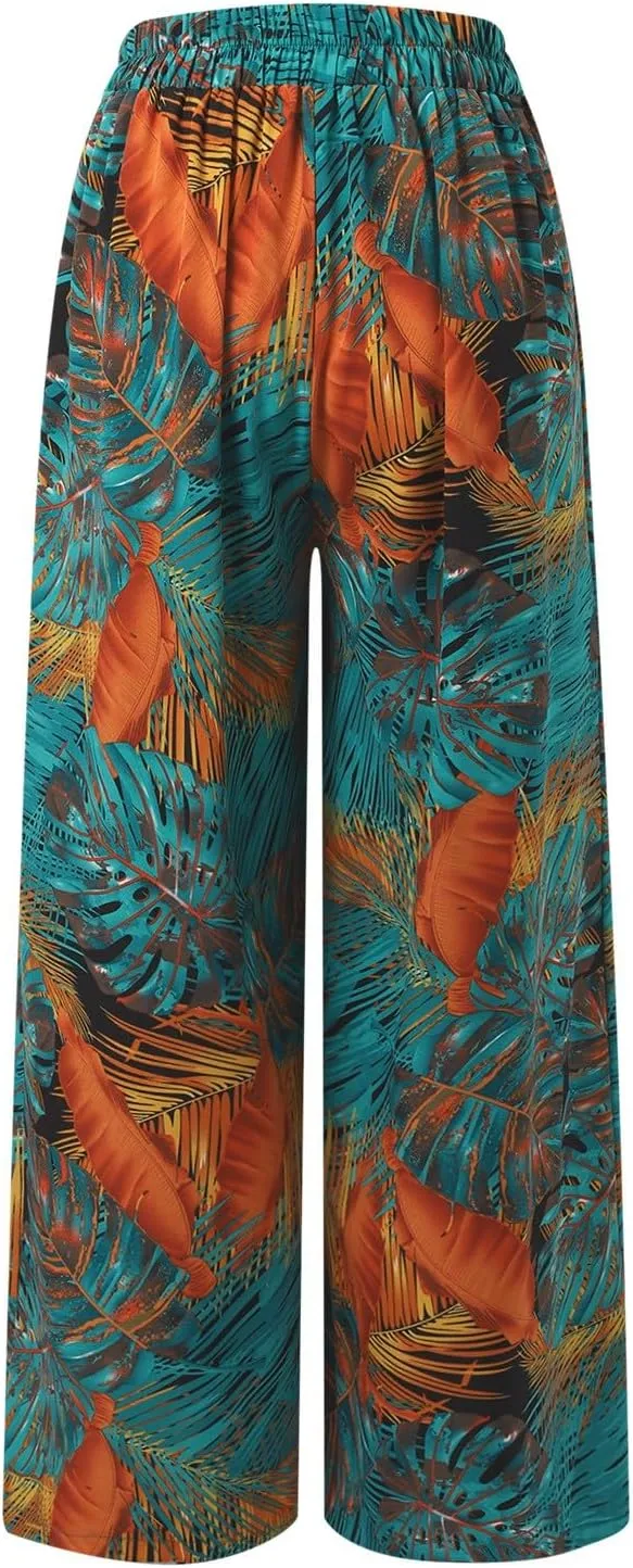 Women Summer Boho Palazzo Pants High Waist Wide Leg Floral Casual Cotton Lounge Trousers with Pockets