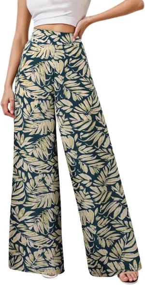 Women Summer Boho Palazzo Pants High Waist Wide Leg Floral Casual Cotton Lounge Trousers with Pockets