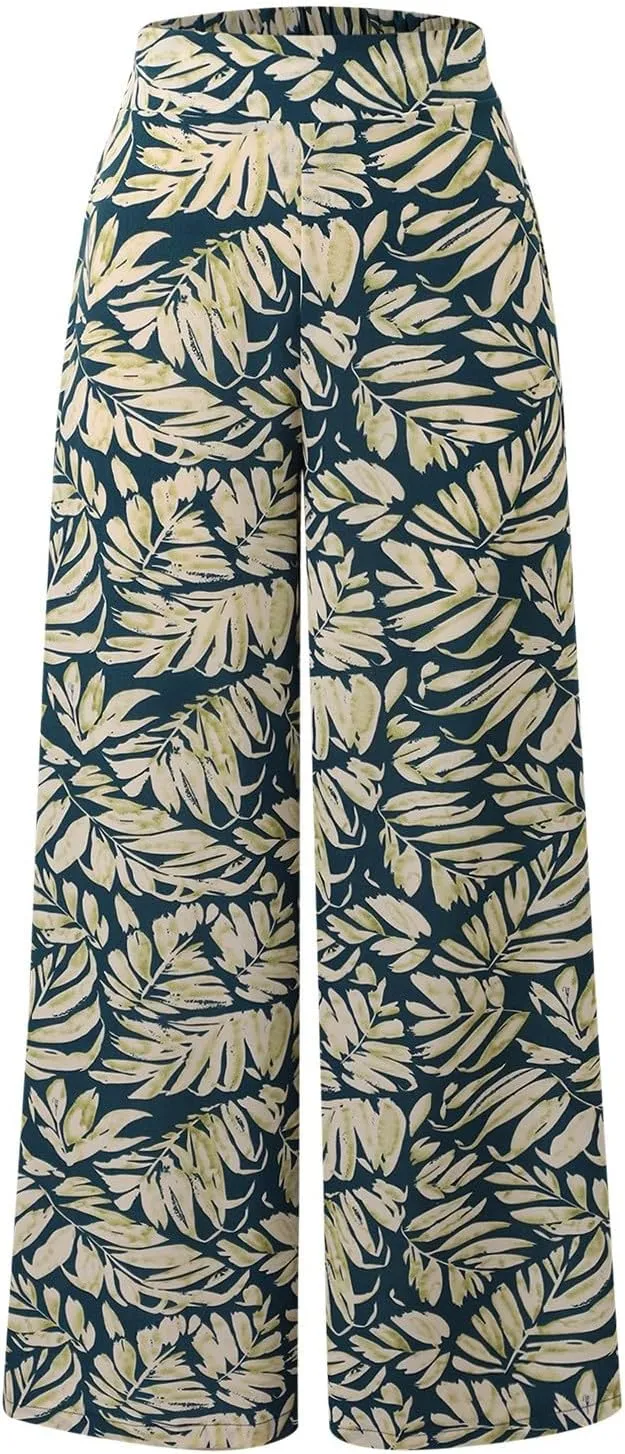 Women Summer Boho Palazzo Pants High Waist Wide Leg Floral Casual Cotton Lounge Trousers with Pockets