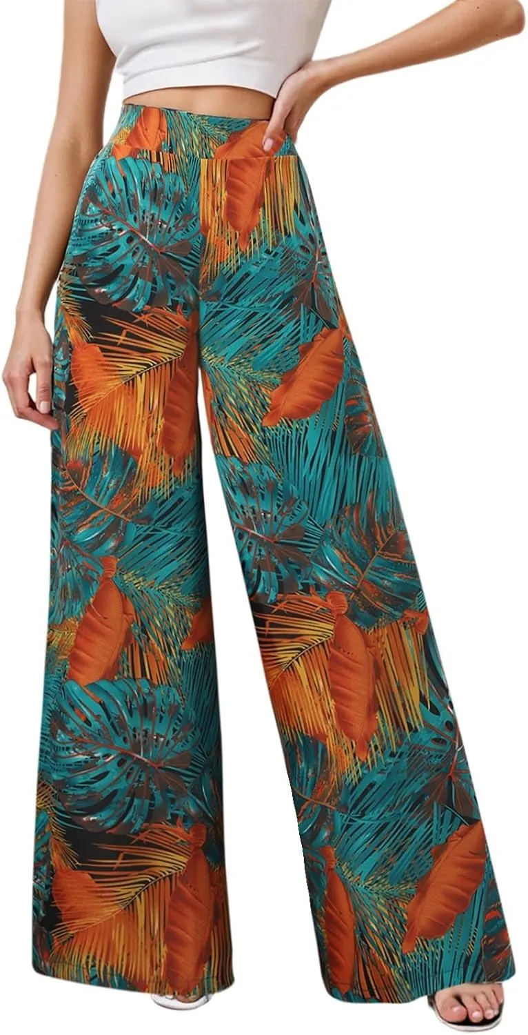 Women Summer Boho Palazzo Pants High Waist Wide Leg Floral Casual Cotton Lounge Trousers with Pockets