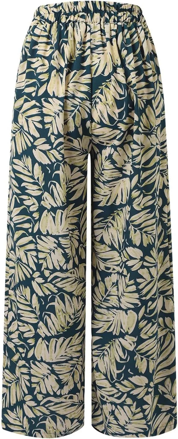 Women Summer Boho Palazzo Pants High Waist Wide Leg Floral Casual Cotton Lounge Trousers with Pockets