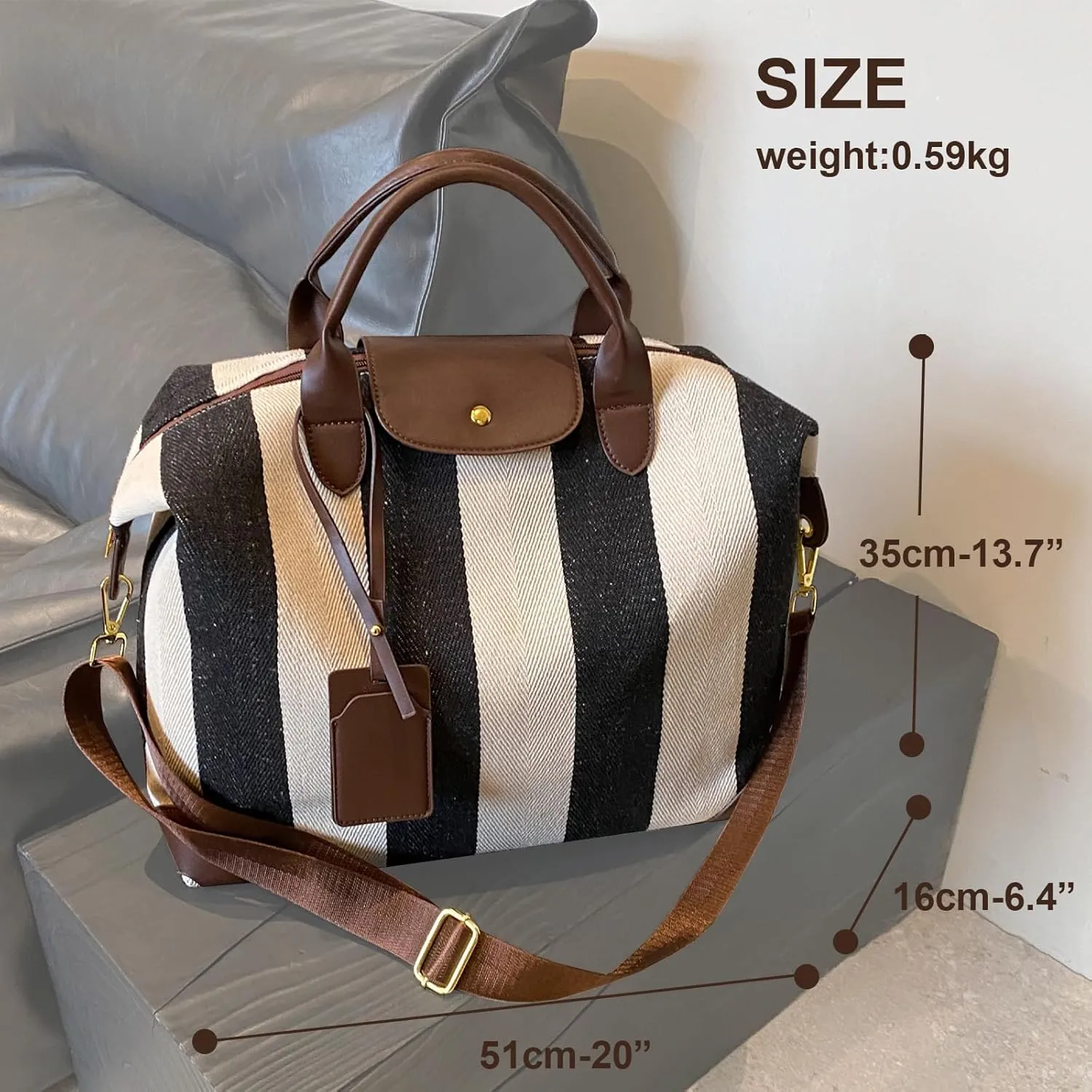 Women Tote Bags Large Canvas Crossbody Bag, Fashion Strip Shoulder Bag Zipper Purse Top Handle Satchel Handbags-Brown