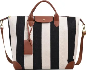 Women Tote Bags Large Canvas Crossbody Bag, Fashion Strip Shoulder Bag Zipper Purse Top Handle Satchel Handbags-Brown