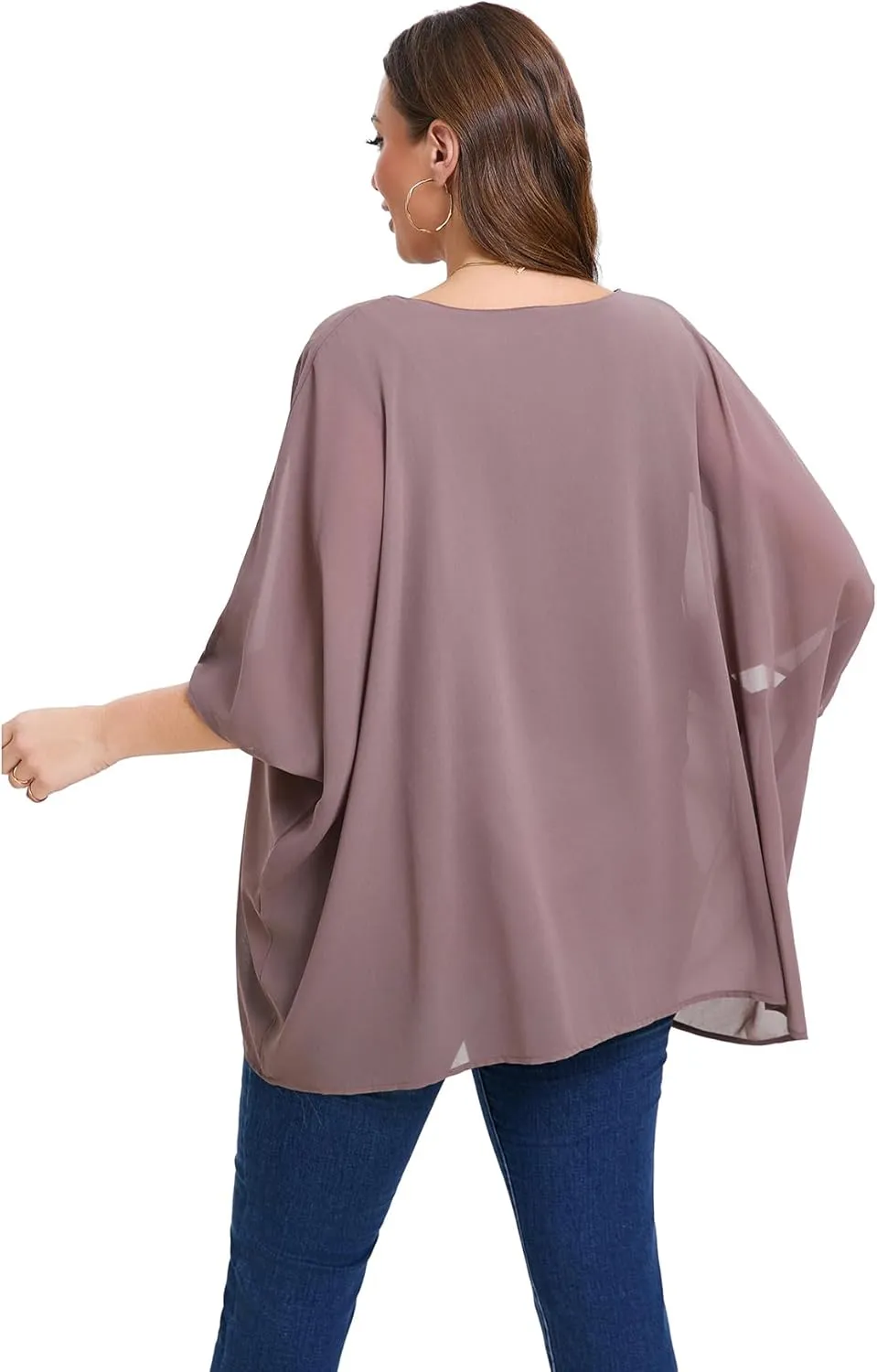 Womens 3/4 Batwing Sleeve Plus Size Elegant Summer Cape Blouse Scoop Neck Oversized Long Casual Tunic Tops Shirts