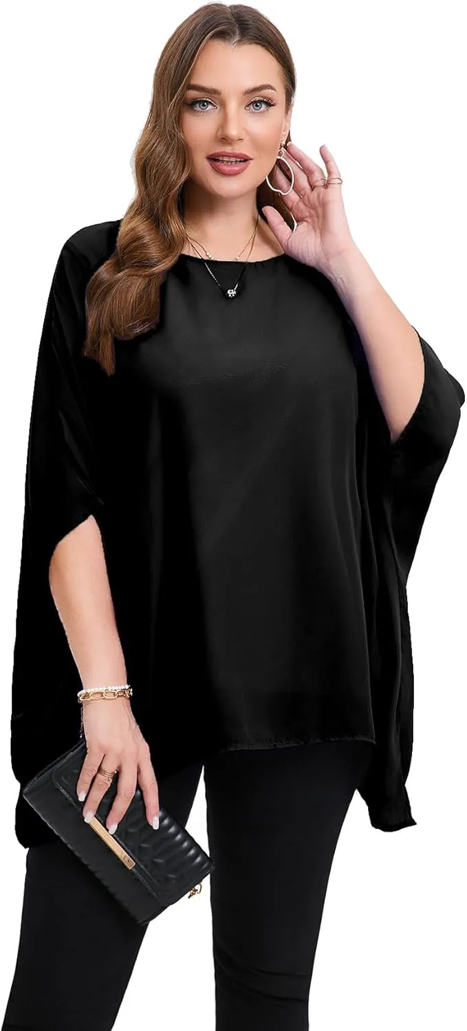 Womens 3/4 Batwing Sleeve Plus Size Elegant Summer Cape Blouse Scoop Neck Oversized Long Casual Tunic Tops Shirts