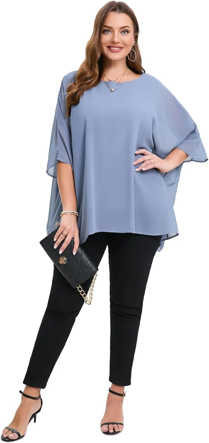 Womens 3/4 Batwing Sleeve Plus Size Elegant Summer Cape Blouse Scoop Neck Oversized Long Casual Tunic Tops Shirts