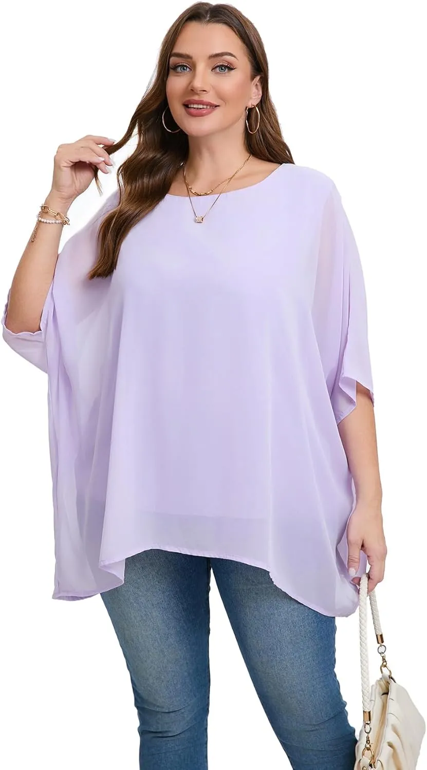 Womens 3/4 Batwing Sleeve Plus Size Elegant Summer Cape Blouse Scoop Neck Oversized Long Casual Tunic Tops Shirts