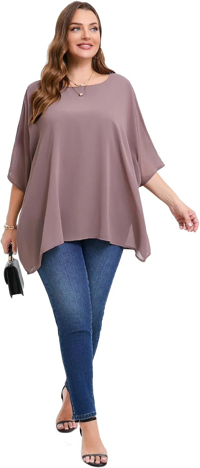 Womens 3/4 Batwing Sleeve Plus Size Elegant Summer Cape Blouse Scoop Neck Oversized Long Casual Tunic Tops Shirts