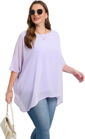 Womens 3/4 Batwing Sleeve Plus Size Elegant Summer Cape Blouse Scoop Neck Oversized Long Casual Tunic Tops Shirts