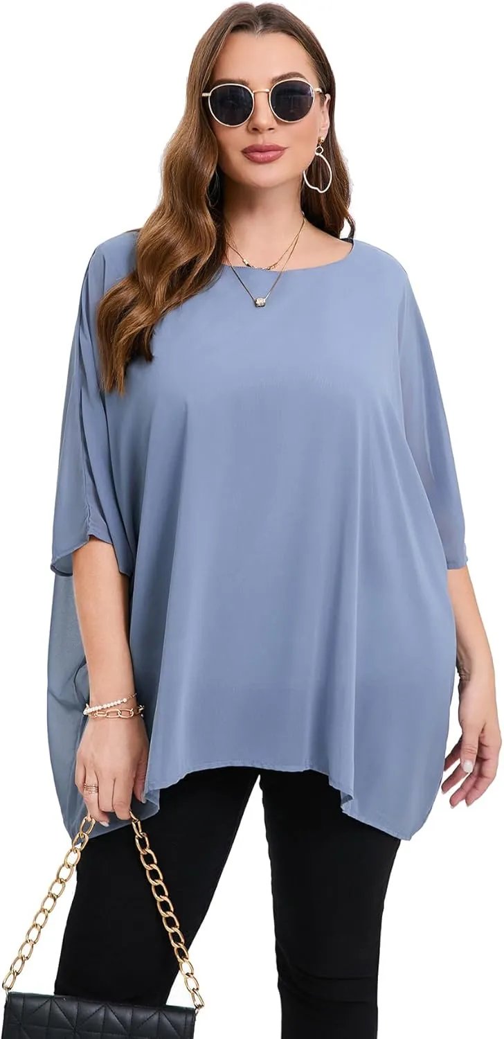 Womens 3/4 Batwing Sleeve Plus Size Elegant Summer Cape Blouse Scoop Neck Oversized Long Casual Tunic Tops Shirts