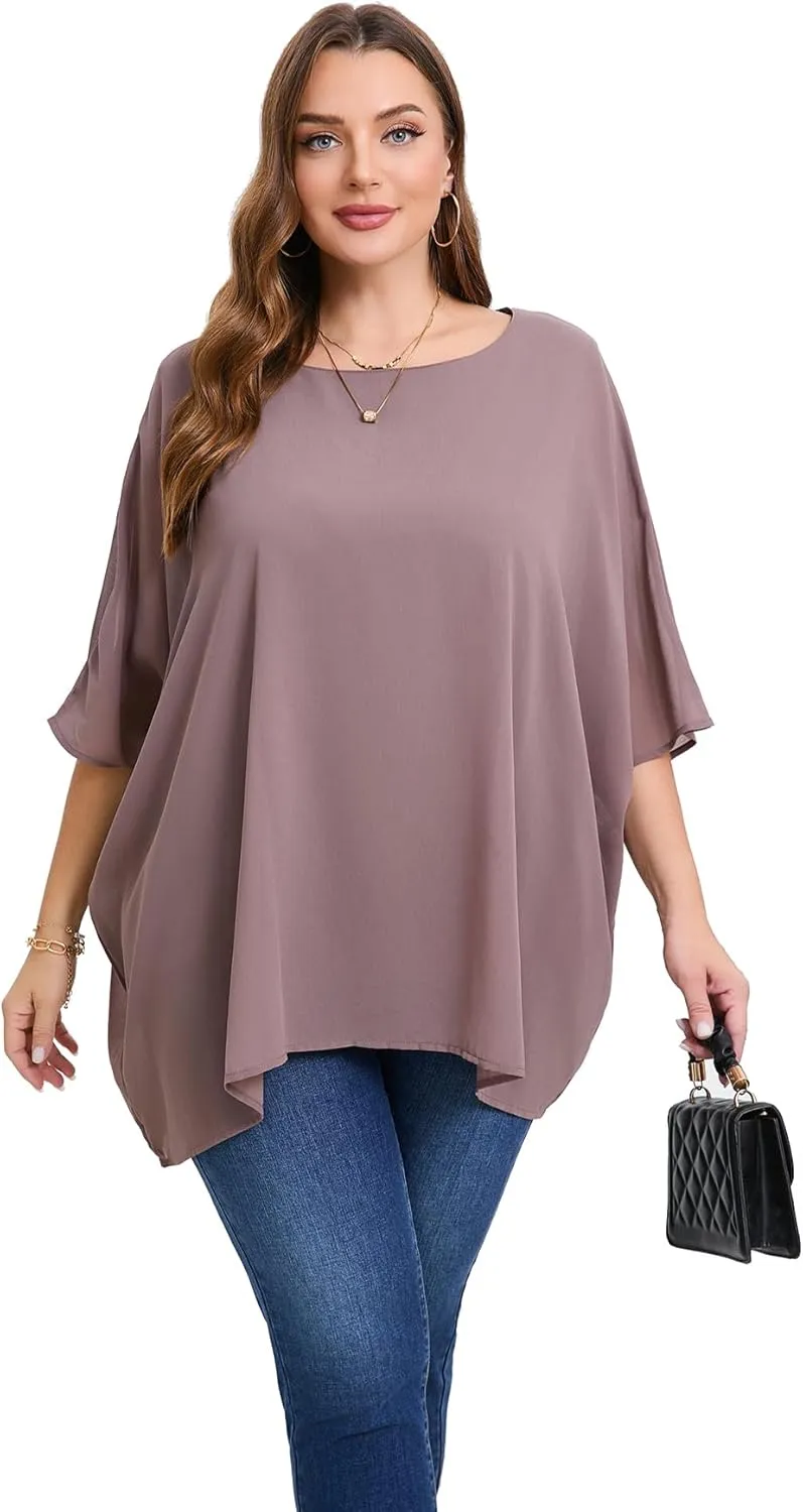 Womens 3/4 Batwing Sleeve Plus Size Elegant Summer Cape Blouse Scoop Neck Oversized Long Casual Tunic Tops Shirts