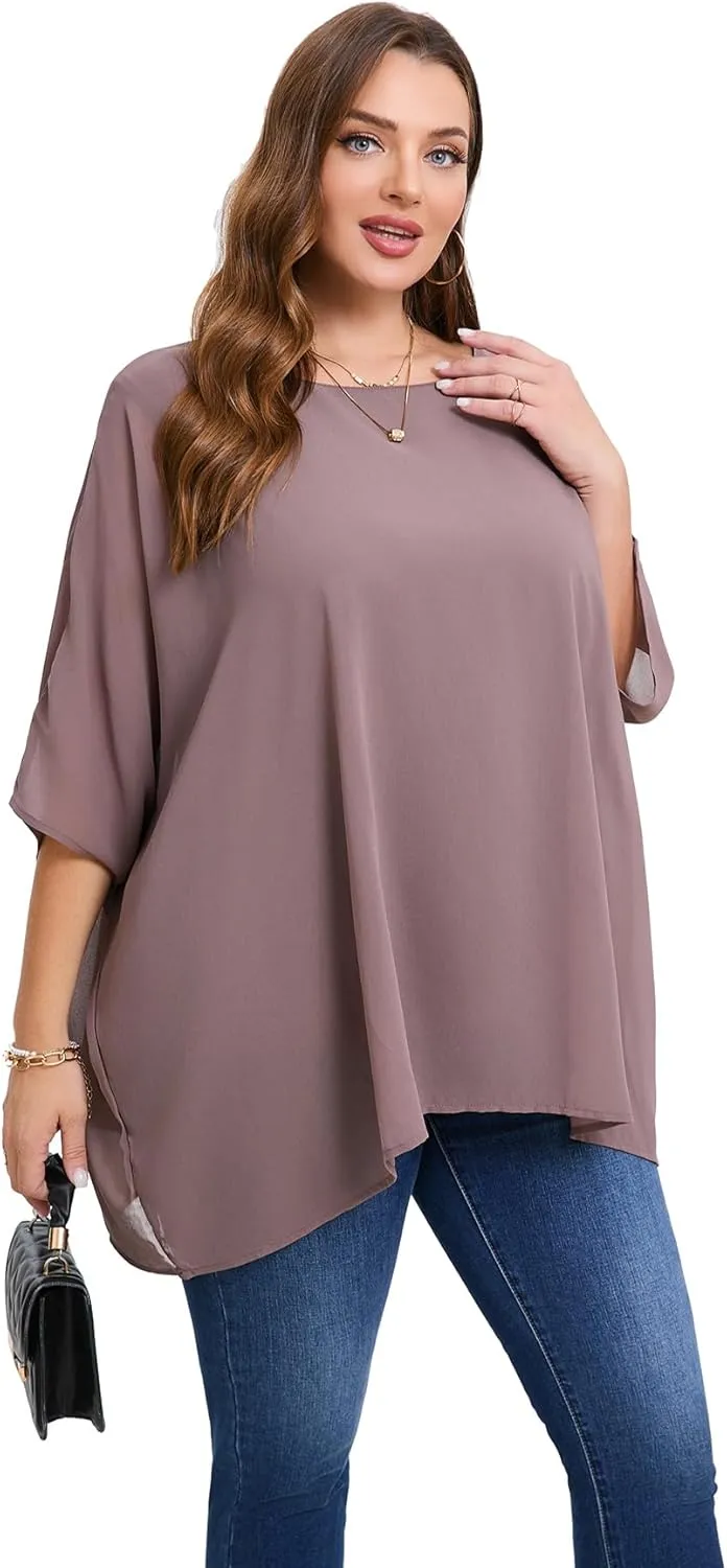 Womens 3/4 Batwing Sleeve Plus Size Elegant Summer Cape Blouse Scoop Neck Oversized Long Casual Tunic Tops Shirts