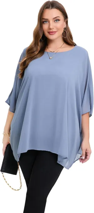 Womens 3/4 Batwing Sleeve Plus Size Elegant Summer Cape Blouse Scoop Neck Oversized Long Casual Tunic Tops Shirts
