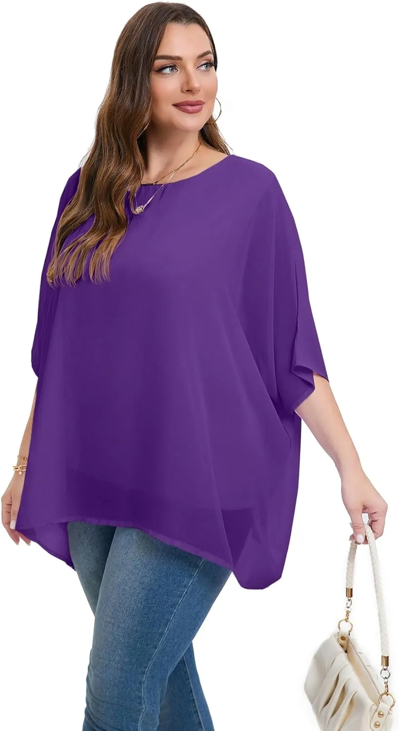 Womens 3/4 Batwing Sleeve Plus Size Elegant Summer Cape Blouse Scoop Neck Oversized Long Casual Tunic Tops Shirts