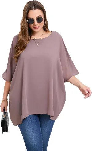 Womens 3/4 Batwing Sleeve Plus Size Elegant Summer Cape Blouse Scoop Neck Oversized Long Casual Tunic Tops Shirts