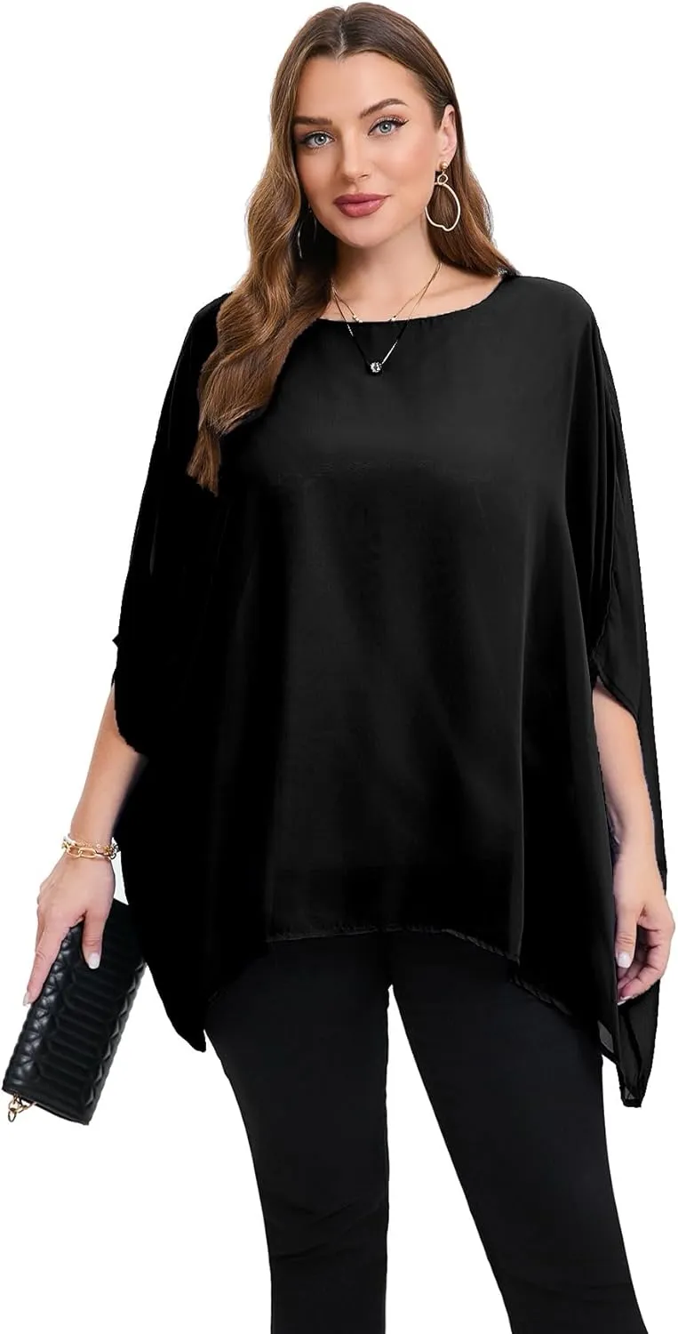 Womens 3/4 Batwing Sleeve Plus Size Elegant Summer Cape Blouse Scoop Neck Oversized Long Casual Tunic Tops Shirts