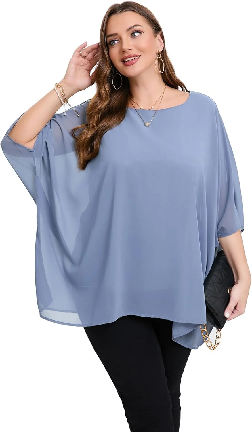 Womens 3/4 Batwing Sleeve Plus Size Elegant Summer Cape Blouse Scoop Neck Oversized Long Casual Tunic Tops Shirts