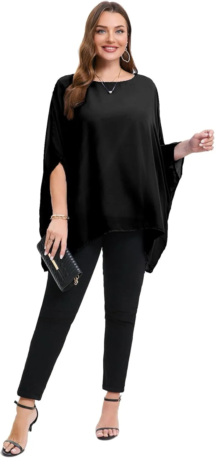 Womens 3/4 Batwing Sleeve Plus Size Elegant Summer Cape Blouse Scoop Neck Oversized Long Casual Tunic Tops Shirts