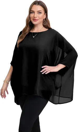 Womens 3/4 Batwing Sleeve Plus Size Elegant Summer Cape Blouse Scoop Neck Oversized Long Casual Tunic Tops Shirts