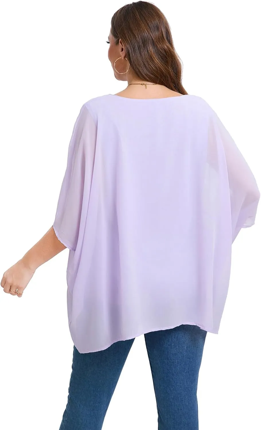 Womens 3/4 Batwing Sleeve Plus Size Elegant Summer Cape Blouse Scoop Neck Oversized Long Casual Tunic Tops Shirts