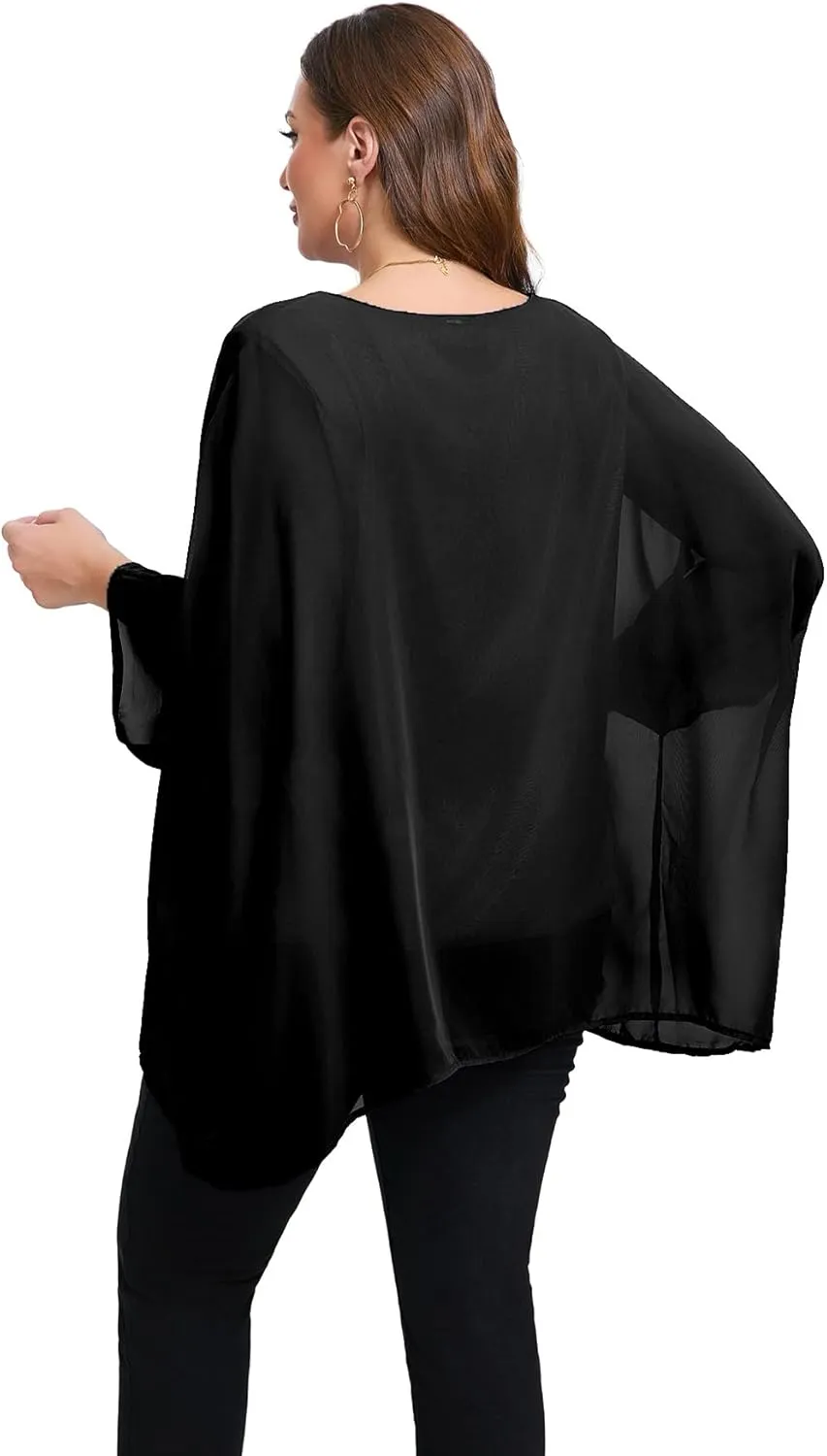 Womens 3/4 Batwing Sleeve Plus Size Elegant Summer Cape Blouse Scoop Neck Oversized Long Casual Tunic Tops Shirts